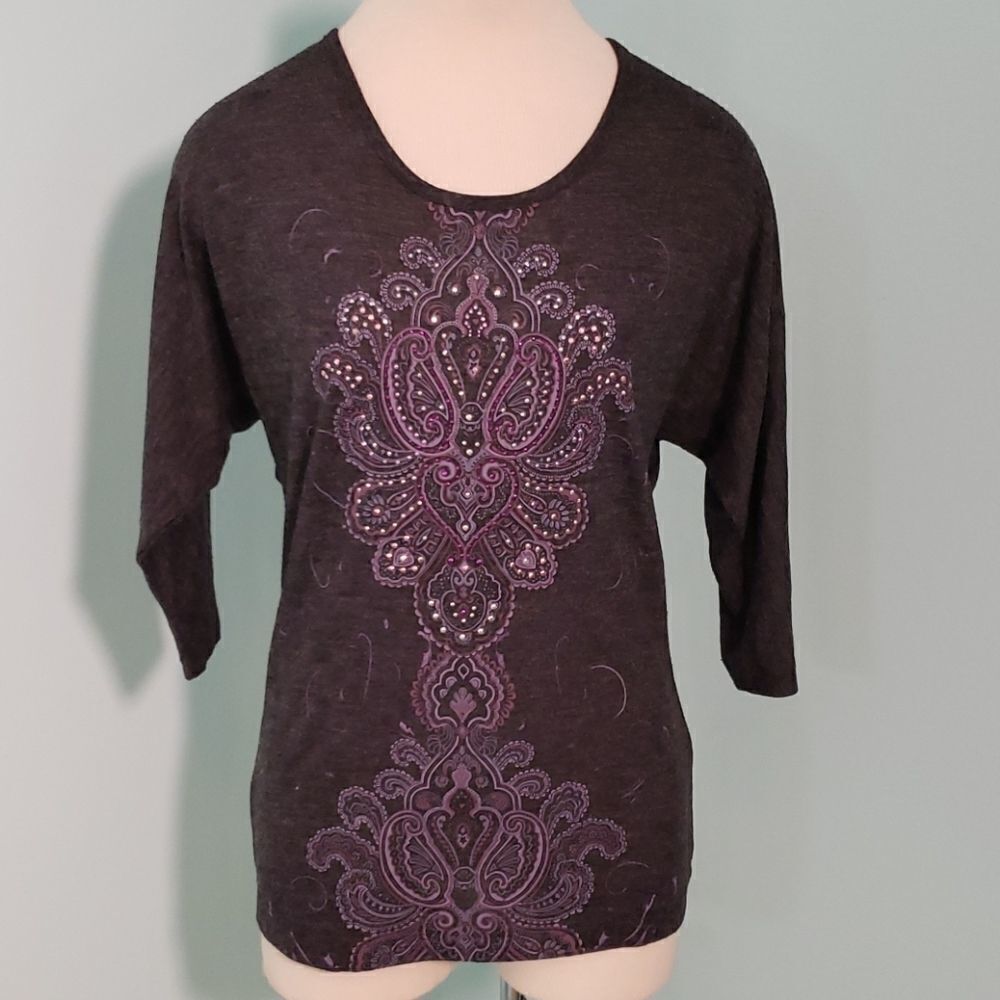 Decorated original small, gray with bling. 3/4‎ sleeves. Y2K